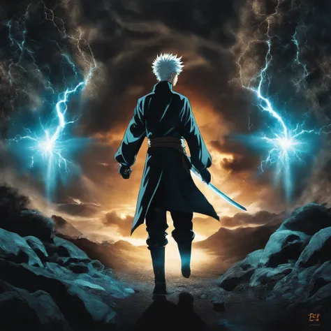 satoru Gojo do anime Jujutsu Kaisen em uma postura de batalha impressionante. He is surrounded by a magical turquoise aura, that radiates power and confidence. Your eyes are focused, emitting an icy intensity as he prepares to face an invisible enemy. As f...