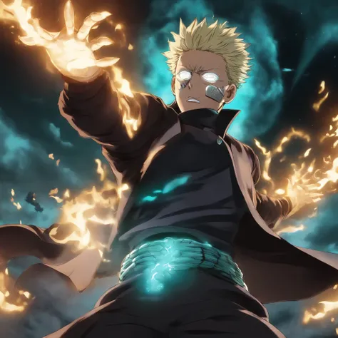 satoru Gojo do anime Jujutsu Kaisen em uma postura de batalha impressionante. He is surrounded by a magical turquoise aura, that radiates power and confidence. Your eyes are focused, emitting an icy intensity as he prepares to face an invisible enemy. As f...