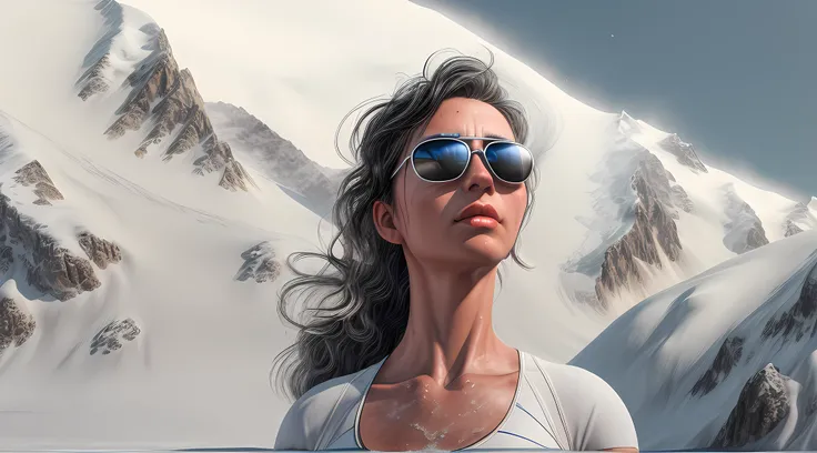 epic realistic woman taking a tan on top of a snowy mountain, a model shot of an epic beautiful woman waring a bathing suit, (best details, Masterpiece, best quality: 1.5), ultra feminine, ultra detailed face, black hair, wavy hair, wearing sunglasses, on ...