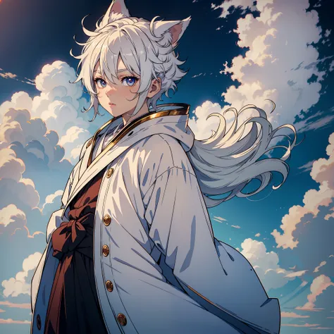 White-haired fox ears，Anime male，adolable，whaite hair，Micro-curls at the end of the hair，Bright eyes，The pupils are innocent and deep，slightly rounded face，Shotai Male，12year old，Plain robe，Beautiful background（sunlights，Clouds，Skysky，rosy clouds），ember，em...