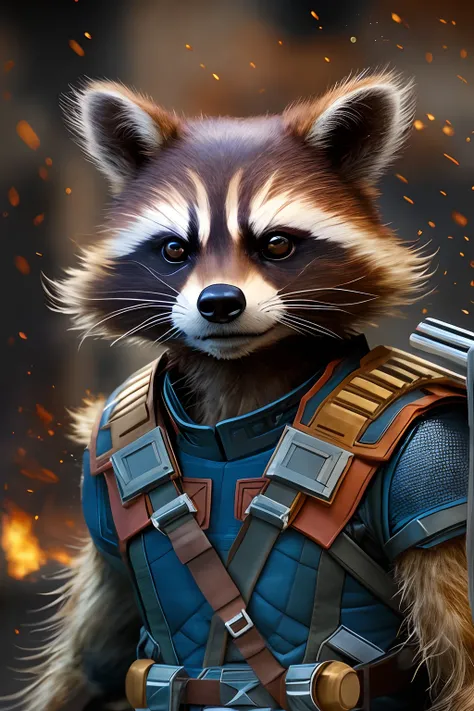 Marvel version of Rocket Raccoon portrait，Modify living things，（Rocket raccoon:1.8），Fighting posture，combat scene，Vicious look，com rosto detalhado，Slightly vicissitudes，an award winning photograph，Bokeh，ultra-realistic realism，电影灯光，shadowing，high detal，hig...