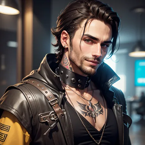 homem com barba curta, cabelo moicano, olhos castanhos, cabelo castanho, medium size hair, sorriso no rosto, Cyberpunk, olhando para o canto inferior direita, foco no rosto, perfil, Jaqueta roxa, with a metal chain around his neck, neck tattoo --auto