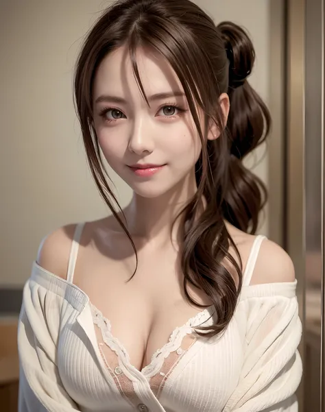 (Best Quality), (masutepiece), (High resolution), (Intricate details:0.2),(Professional Lighting), dressing gown, Detailed background,off shoulders, (Previous view), 1girl in, Solo, (Beautiful face),  Slim body, Fine skin, Smile, brown hair in a ponytail, ...