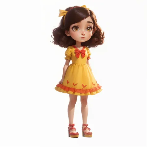 personagem feminina, Estilo dos desenhos animados da Pixar, garota, portanto, cabelos ondulados, olhos castanhos, com um vestido amarelo, sapatos vermelhos, and a red bow in her hair, she stands with her arms raised celebrating a Victory