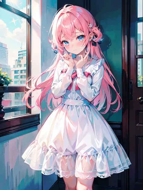 ((absurderes)),  ((masutepiece)),  (Best Quality),  (Lens Flare),  (Ultra-detailed),  (Beautiful),  ((Cute Girl)),  Solo,  Beautiful face,  White skin, masterpiece,  (10 years old: 1.3),  Cute pink hair,  (One girl in a cute dress、One girl takes to the hot...