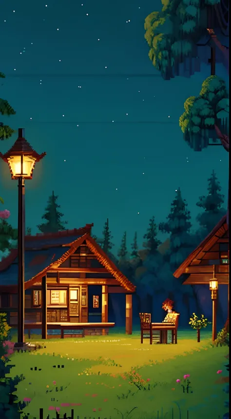 masterpiece, best quality, tavern, wood, rpg, pixel art, cozy, chairs, table, night, lamps