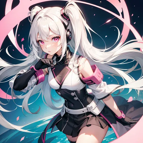 Future technology sense female high school student，校服，High-tech sense in school，A girl with long silver-white hair and waist，Pink eyes，Air bangs，Jump down from a height，Vigilant eyes