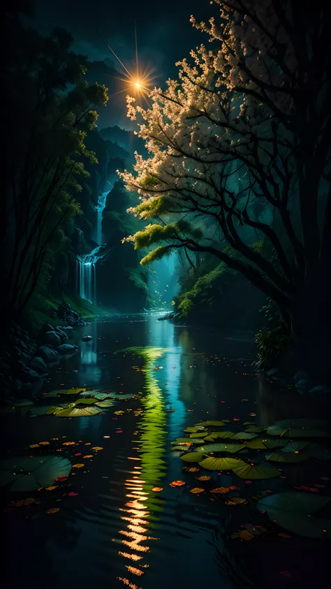 Masterpiece, top quality, green water surface, green lotus leaves, a little duck swimming, wooden waterwheels turning lush, leaves, willow branches hanging down the top of the screen, (leaves on water: 1.0), by Nikon Shooting Lee Jeffries D850 film photo 4...