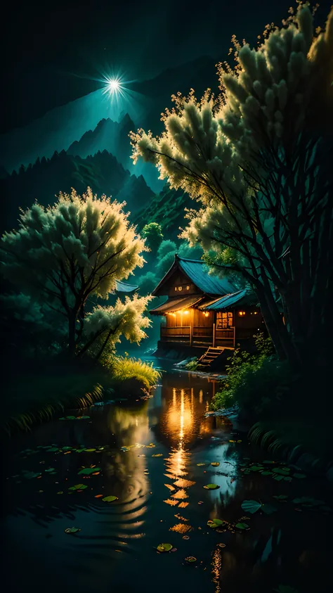 Masterpiece, top quality, green water surface, green lotus leaves, a little duck swimming, wooden waterwheels turning lush, leaves, willow branches hanging down the top of the screen, (leaves on water: 1.0), by Nikon Shooting Lee Jeffries D850 film photo 4...