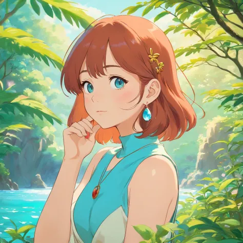 Girl wearing anime necklace, A long necklace and earrings, inthe style of tranquil gardenscapes, Animated color photos, Masami Teraoka, aquamarine, paul gauguin, Amber style, Honest portrait