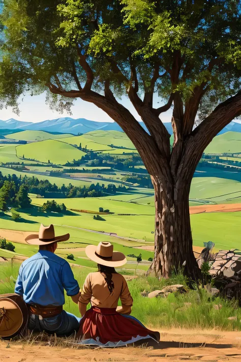 there is an old western man and woman embracing under a tree on a hill looking down at a farm in a valley, western comic book style, western comic art, western comic book art, inspired western comic, western comic style, ( art fitzpatrick ), full color ill...