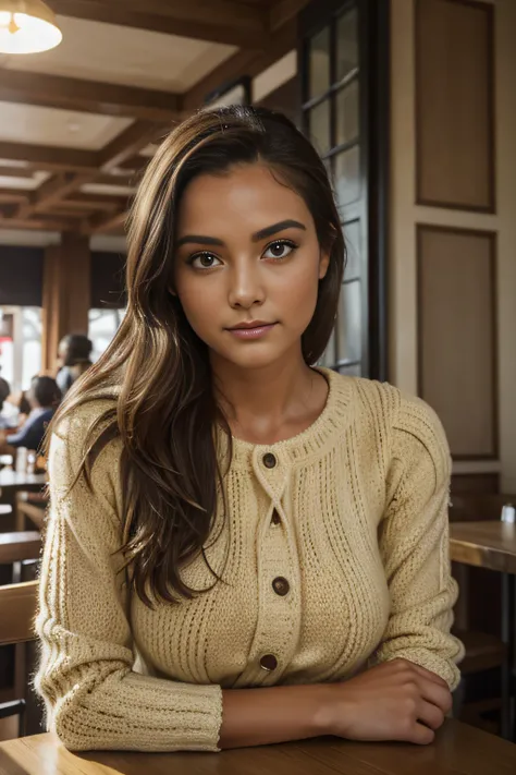 Photograph of a beautiful girl, in a cafe, porte un pull vert, jouissant, fille, 夏天, Fille chaude, (((buste lourd))), cheveux bruns, long_cheveux, symmetrical face, photoreallistic, photographie, Phone photography, natural lighting, magnifique, clivage, oc...