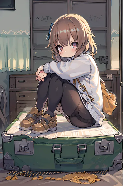 Anime girl sitting on bed on suitcase background, the anime girl is crouching, Female protagonist 👀 :8, beautiful anime girl squatting, from girls frontline, Seductive anime dick girl, a female anime character, Anime. Soft lighting, 4k anime wallpaper, guw...