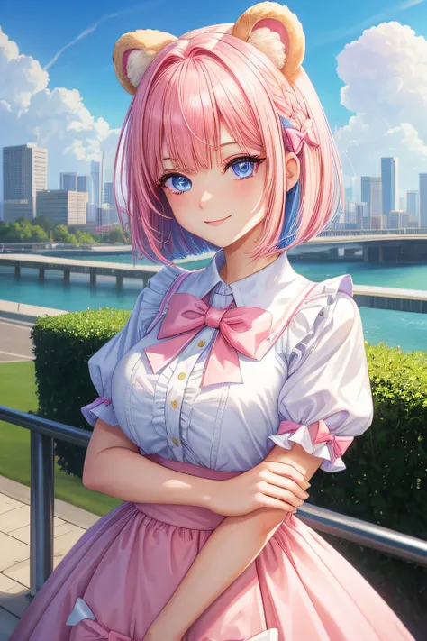 ​master piece, Best Quality, High resolution, Ultra-detailed, 1girl in, Pink hair and pale blue eyes,  Fluffy animal ears, Looking at Viewer,Wear a short-sleeved T-shirt, Check skirt, Bangs, Short hair, Bow, Hair Bow, pink bows, A smile, Bear ears, bob cut...