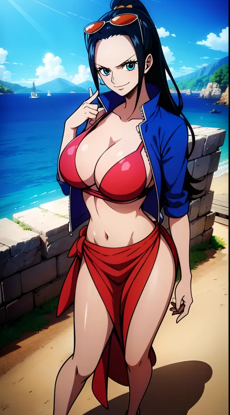 Robin de One Piece, sexy pose, What if , Elly, Red sari, 8k, anime, Shore, Big Boob, large ass, Perfect sexy looks quality blue eyes Nico Robin, 1girl, aqua eyes, Black hair, breasts, cleavage, closed mouth, collared jacket, cowboy shot, crop top, Cropped ...