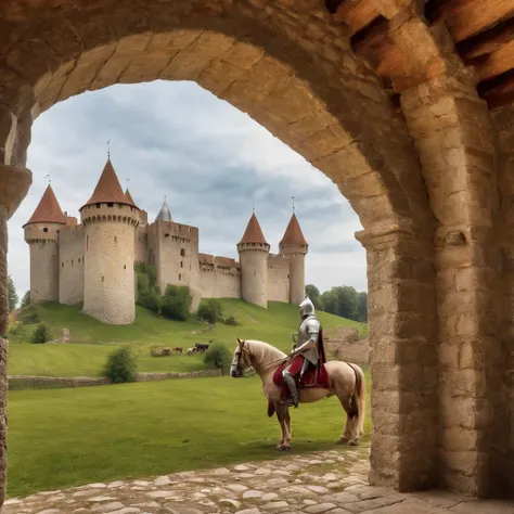 a detailed illustration of a medieval castle, vibrant and vivid colors, stunning and realistic details, exquisite stone textures and intricate architectural elements, perfect lighting and shadows, the castle surrounded by a lush green landscape with rollin...