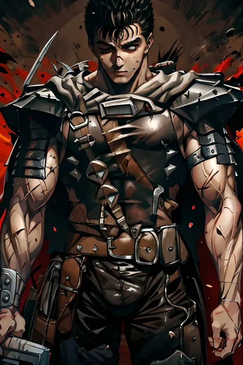 guts (berserk), 1boy, one eye closed, manly, male focus, standing, scar, lookin at viewer, front view, guts (berserk)