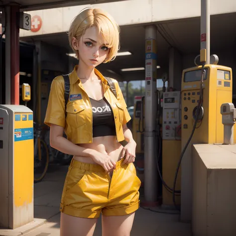 Girl, standing, wearing yellow mechanic outfit, short hair, petrol station background