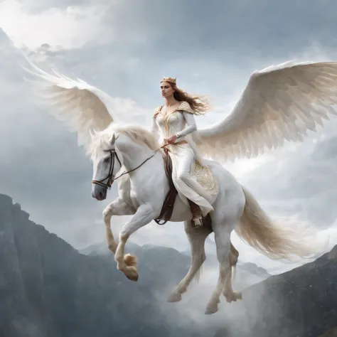 The image shows a determined queen of elves riding atop a magnificent white winged stallion through the bright, white sky. The queens long, flowing hair glows in the sunlight as she utilizes her incredible power to shape flames with her bare hands. The sta...