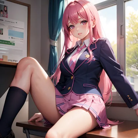 High School Girl, Dark blue blazer, Pink Super Mini Skirt, Pink tie, knee high socks, Long pink hair, Solo, School Classroom, Looking at Viewer, Front view,