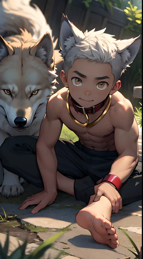 (Masterpiece, Best quality), 1 juvenile，Young boy，Keep your eyes wide open，largeeyes，a baby face，Teen faces，The childs face，nakeness，ssmile，Black skin，with short white hair，Large, Sharp wolf ears，Wolf tail，Flat chin，bare pectorals，Brush cut，The color is ve...