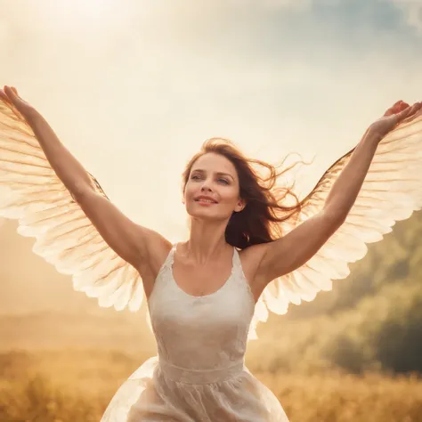 woman having wings . flying in the sky .