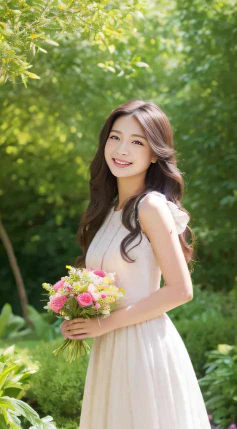 tmasterpiece、top-quality、illustratio、Extremely high quality，Long silver haired girl smiling in beautiful garden，Holding a large bouquet of flowers，Wearing a cute ethnic dress，Ruffles on the shoulders，Hair flutters in the wind