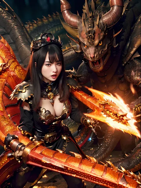 (The Ultimate Beauty Face), Professional , ​masterpiece、top-quality、photos realistic , depth of fields （Gemstone Black Metal Body:1.4),(Matte Black、（cleavage of the breast）、Dragon Gold Weapon,Mystical expression、Particles of light、((((Fight dragons)))、（Dra...