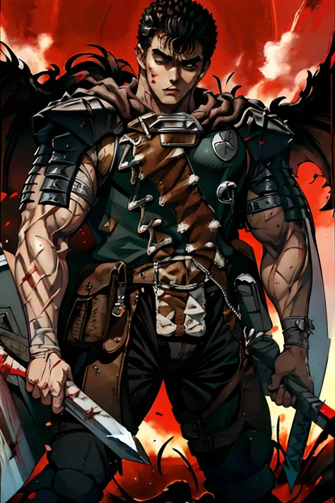 guts (berserk), 1boy, one eye closed, manly, male focus, standing, scar, lookin at viewer, front view, holding big sword, guts (berserk)