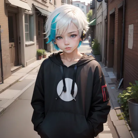 (1 boy:1.2),Bob Hair,Cut your bangs,(Mixed Color Hair),cute  face,12year old,headphones,Back alley,Street fashion,ear phone