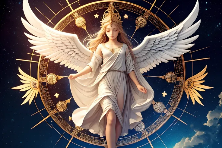 a heavenly angel surrounded by the 12 symbols of the signs of the zodiac, each of them shining with a unique and special light t...