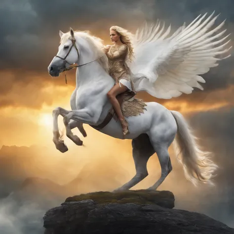 The image shows a determined queen of elves riding atop a magnificent white winged stallion through the bright, white sky. The queens long, flowing hair glows in the sunlight as she utilizes her incredible power to shape flames with her bare hands. The sta...