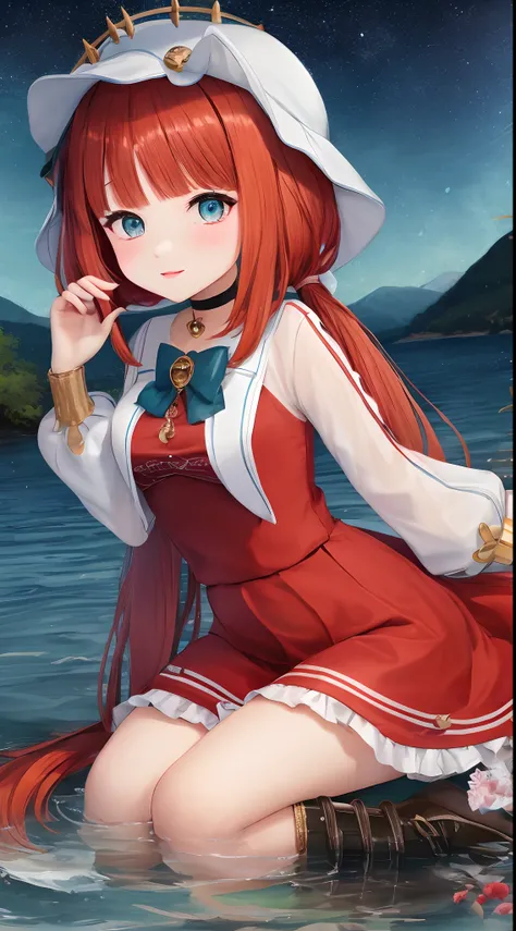 4K picture quality, １８age～２５age, Round face, Big eyes, Smooth hair, Hair straightening, Braiding, Long, Cute ruffles, Cute Ribbon, Layering jackets, Katyusha, Bell on choker, waterside, natta, starrysky, Red dress, red eyes, Red hair, poneyTail