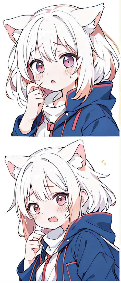 Top image quality、Top image quality、1girl in、an anime girl、Im holding back from crying right now.、Canine ears、The most beautiful face、white  hair、Gray eye、Canine line、Wearing Ron T、cute  face、18year old、Looking here、The upper part of the body、tears