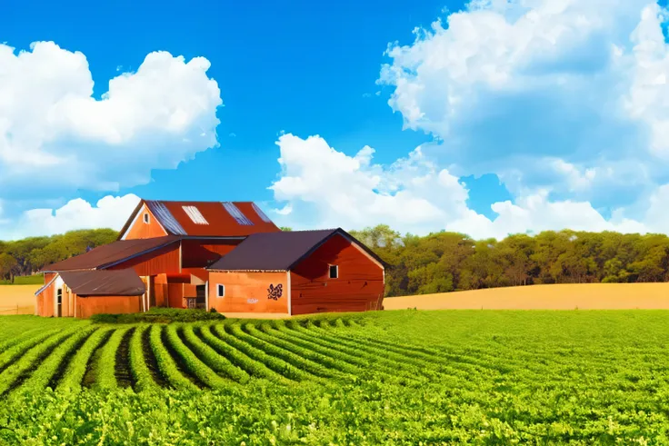 A red barn on a green field with a blue sky, plano de fundo do fazenda, farm land, Interior do Centro-Oeste, plano de fundo do campo do fazenda, country landscape, idyllic and fruitful land, Terra, ao lado de uma casa de fazenda e um celeiro, Vista ampla d...