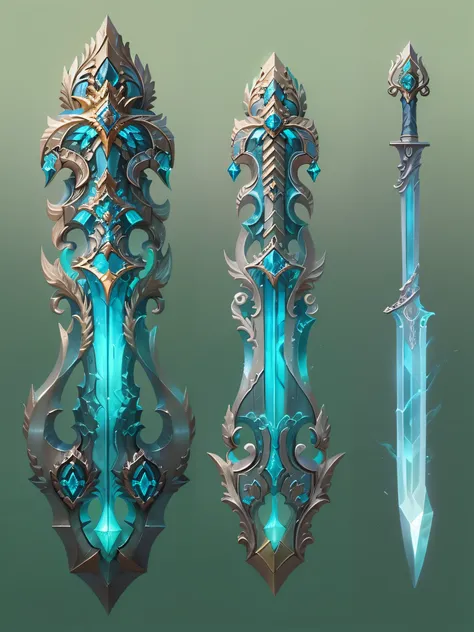 concept art, fantasy elven sword, twisted, decorated, ornate patterns, weaving handle, the blade is made of blue luminous minera...