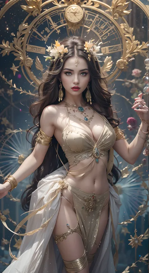 1 zodiac goddess from the future, wearing a thin silk dress, the goddess of the palace is beautiful, the goddess of the zodiac is wearing a colorful thin silk dress with sexy white and black lace trim, the goddess gives off a bow aura vibrant purple-pink z...