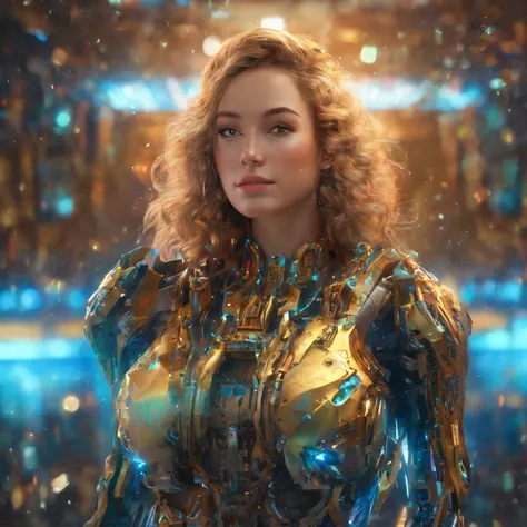 an award winning photograph of a beautiful woman, halo, intricate cyberpunk robot, highly detailed, soft bokeh Deep space nebula background, art by mooncryptowow and popular science