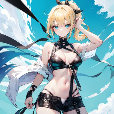 An 18 year old woman with blonde hair and turquoise eyes, a ponytail styled with a black ribbon tied in the back.  Not wearing clothes or underwear