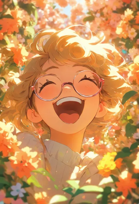 Girl with small eyes in the shade of glasses，Laugh happily，The back is surrounded by many flowers