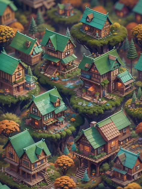 Isometric Complete tiny world with all kinds of adorable colourful tiny hairy fantasy forest houses, Miki Asai Macro photography, close-up, hyper detailed, trending on artstation, sharp focus, studio photo, intricate details, highly detailed, by greg rutko...