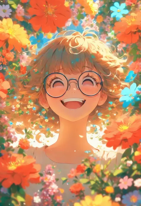 Girl with small eyes in glasses，Hair is medium long，Flat bangs，ssmile，The back is surrounded by many flowers