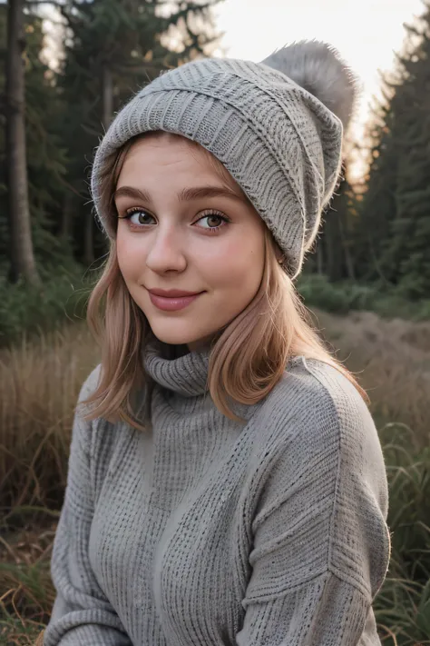 photo instagram, photo de visage en gros plan de 23 ans.o chloé in a grey sweater, avec un bonnet, pale skinned, (sourire:0.4), ...