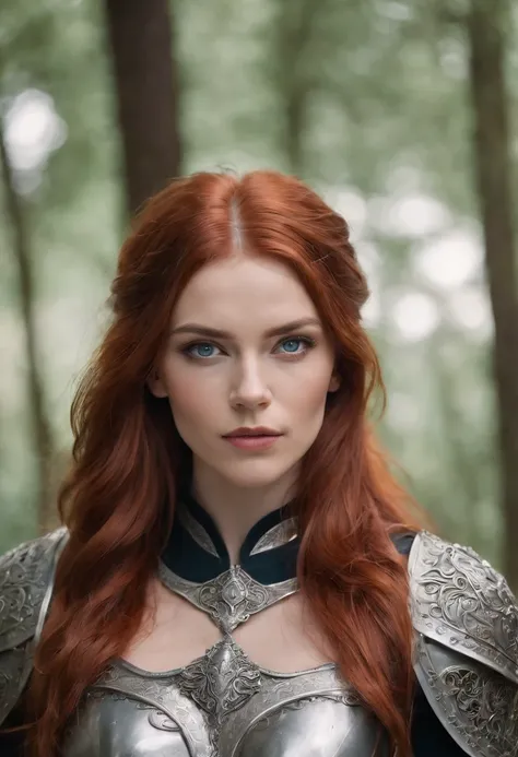 Beautiful muscular woman, warrior, Minimalist titanium armor, There is a beautiful ornament on the armor, Long red hair, Bright blue eyes, Short cape made of black wolf fur, The Ancient City, debris, artstyle, BDSM, Sexy, hiquality