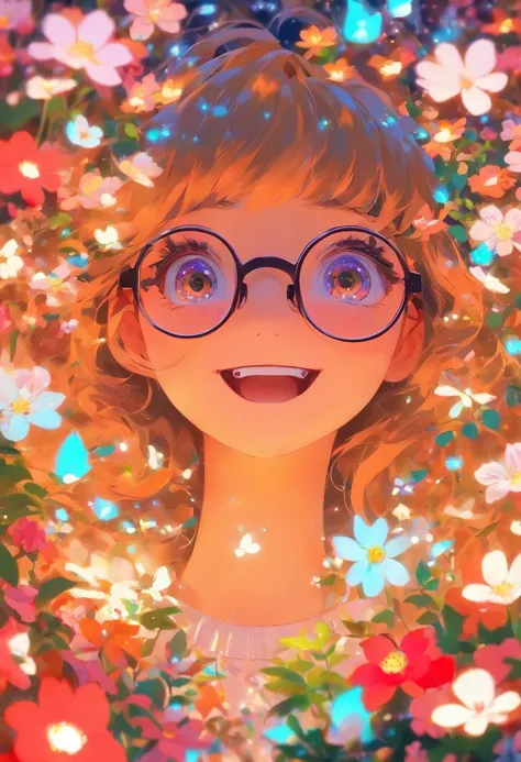 petty eyes，girl wearing spectacles，Hair is medium long，Flat bangs，ssmile，The back is surrounded by many flowers