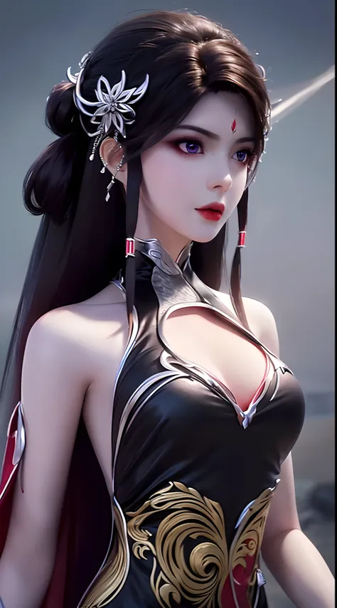 "1 beautiful girl, ((wearing a traditional costume black:1.5)), traditional chinese hanfu costume, ((a long thin black dress made of meticulously made silk:1.5)), deep slit shirt, historical style costumes, sexy ancient style, jet black curly hair, the mos...