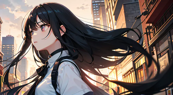 Beautiful girl,Expression sad,Long black hair,black big eyes,the night,Bustling street,Looking Up The Sky