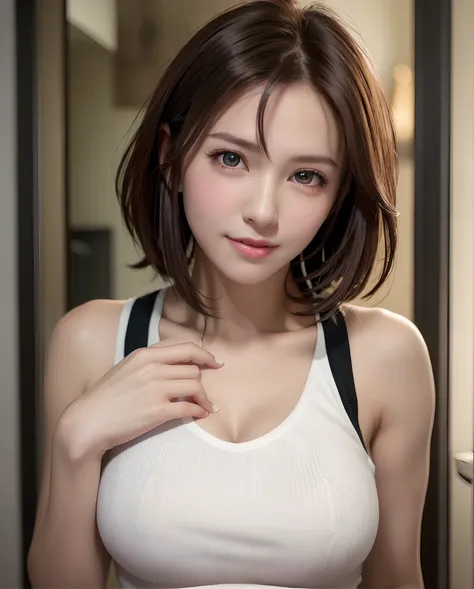 Top quality, ultra high resolution, (photorealistic: 1.4), beautiful eyes, super beautiful, short hair, beautiful breasts, lover, t-shirt with rough chest, eyes inviting viewer, lovers eyes, inviting facial expressions, sexy smile, perfect style, perfect b...