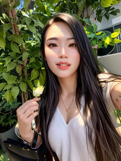 There was a woman holding a plant in her hand, 2 7 years old, A young Asian woman, 2 8 years old, 2 9 years old, mai anh tran, Asian girl with long hair, 2 3 years old, 8k selfie photograph, xision wu, 21 years old, Young Asian woman, 2 2 years old, Young ...