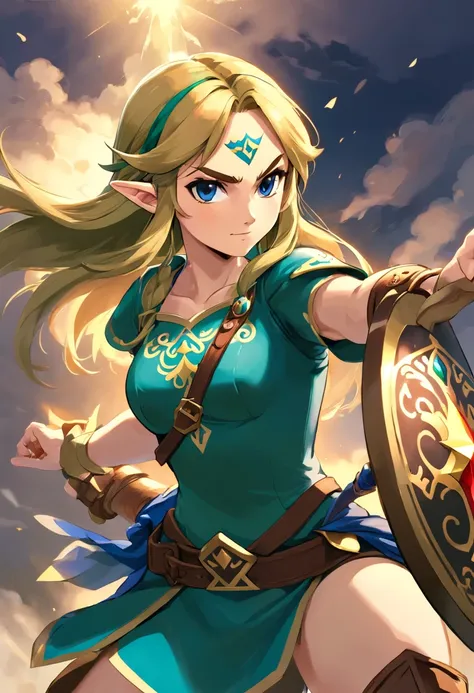 "(Best quality,A high resolution,Photorealistic:1.37),Ultra-detailed,Zelda Comics,woman,warrior,Full armor,Raise your shield to fend off an attack,Beautiful detailed eyes,Detailed lips,Strong and confident posture,Strong and muscular legs,Fierce expression...